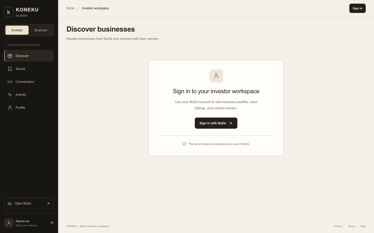 KONEKU’s investor workspace preview with Discover, Saved, and Connections navigation