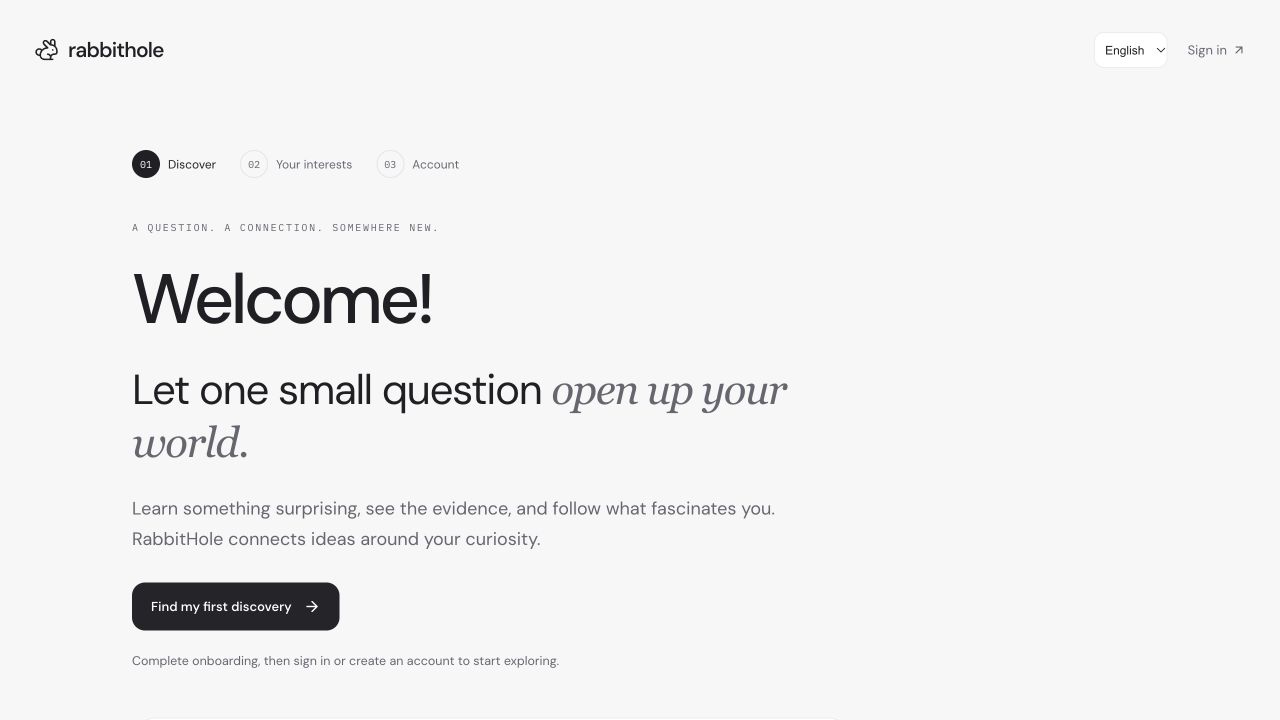 RabbitHole’s welcome screen introducing curiosity-led learning